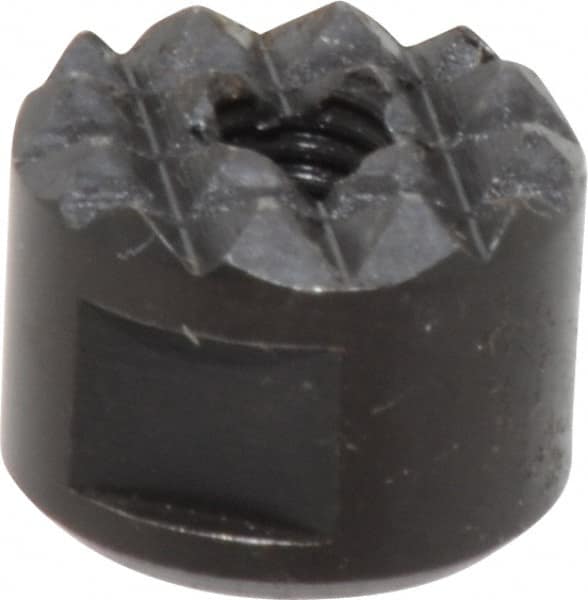 Fairlane - 10-32 Thread, 1/2" Diam, 3/8" High, Threaded, Fine Tooth Grade Diamond Serration Tooth Pattern, High Speed Steel, Round Positioning Gripper - 3/16" Flat Width, Black Oxide Coated - Caliber Tooling