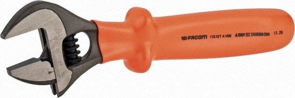 Facom - 1-3/8" Jaw Capacity, 12" Insulated Adjustable Wrench - Steel, Polished Finish - Caliber Tooling