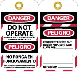 NMC - 3" High x 6" Long, DANGER - DO NOT OPERATE - EQUIPMENT TAG-OUT, English & Spanish Safety & Facility Lockout Tag - Tag Header: Danger, 2 Sides, Black, Red & White Unrippable Vinyl - Caliber Tooling