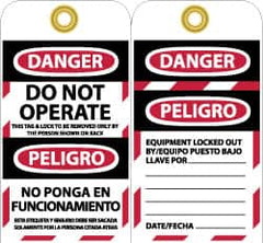 NMC - 3" High x 6" Long, DANGER - DO NOT OPERATE - THIS TAG & LOCK TO BE REMOVED ONLY BY THE PERSON SHOWN ON BACK, English & Spanish Safety & Facility Lockout Tag - Tag Header: Danger, 2 Sides, Black, Red & White Unrippable Vinyl - Caliber Tooling