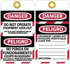 NMC - 3" High x 6" Long, DANGER - DO NOT OPERATE - EQUIPMENT LOCK-OUT - THIS TAG & LOCK TO BE REMOVED ONLY BY THE PERSON SHOWN ON BACK, English & Spanish Safety & Facility Lockout Tag - Tag Header: Danger, 2 Sides, Black, Red & White Unrippable Vinyl - Caliber Tooling