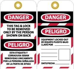 NMC - 3" High x 6" Long, DANGER - THIS TAG & LOCK TO BE REMOVED ONLY BY THE PERSON SHOWN ON BACK, English & Spanish Safety & Facility Lockout Tag - Tag Header: Danger, 2 Sides, Black, Red & White Unrippable Vinyl - Caliber Tooling