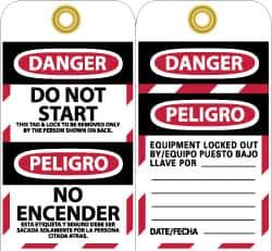 NMC - 3" High x 6" Long, DANGER - DO NOT START - THIS TAG & LOCK TO BE REMOVED ONLY BY THE PERSON SHOWN ON BACK, English & Spanish Safety & Facility Lockout Tag - Tag Header: Danger, 2 Sides, Black, Red & White Unrippable Vinyl - Caliber Tooling