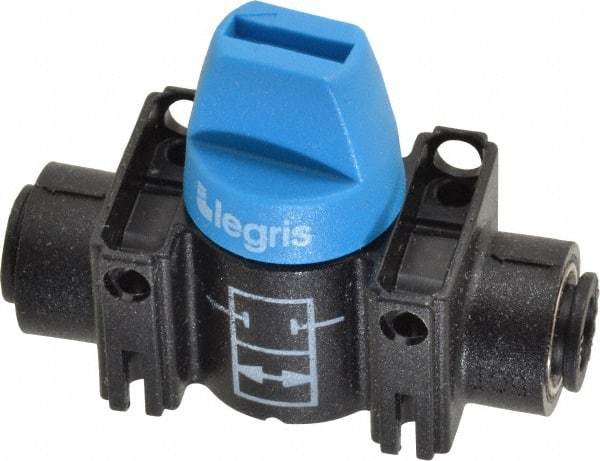 Legris - 1/4" Pipe, Standard Port, Composite Miniature Ball Valve - 1 Piece, Inline - Two Way Flow, Push-to-Connect x Push-to-Connect Ends, Short Handle, 150 WOG - Caliber Tooling