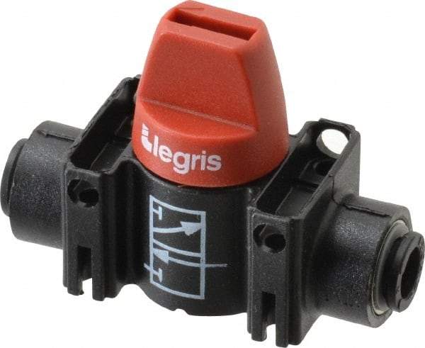 Legris - 6mm Pipe, Standard Port, Composite Miniature Ball Valve - 1 Piece, Inline - Two Way Flow, Push-to-Connect x Push-to-Connect Ends, Short Handle, 150 WOG - Caliber Tooling