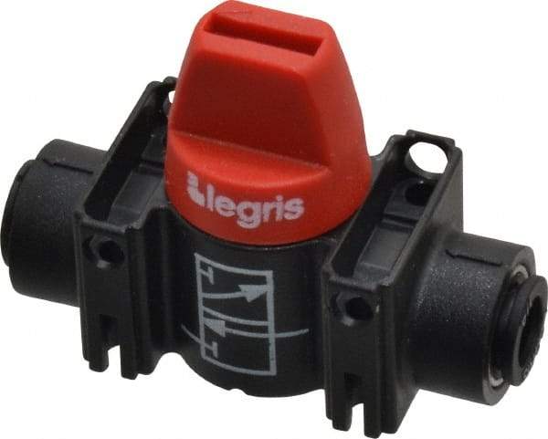 Legris - 1/4" Pipe, Standard Port, Composite Miniature Ball Valve - 1 Piece, Inline - Two Way Flow, Push-to-Connect x Push-to-Connect Ends, Short Handle, 150 WOG - Caliber Tooling