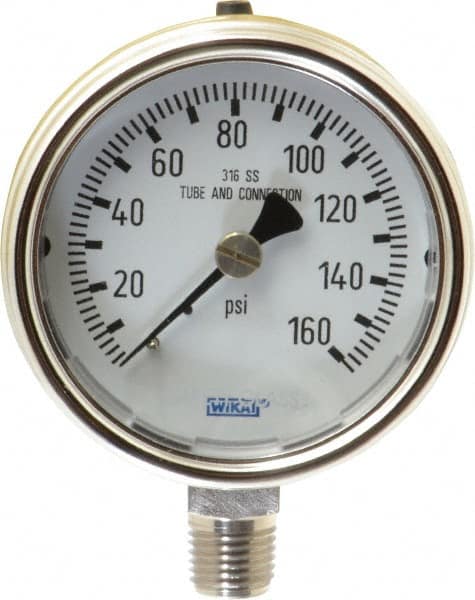 Wika - 2-1/2" Dial, 1/4 Thread, 0-160 Scale Range, Pressure Gauge - Lower Connection Mount, Accurate to 2-1-2% of Scale - Caliber Tooling