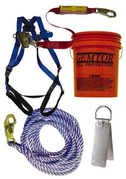 Gemtor - Universal Size, 300 Lb. Capacity, Polyester Roofer Fall Protection Kit - 3 Ft. Lanyard Long, Reusable Anchor, Blue, Black and Red - Caliber Tooling