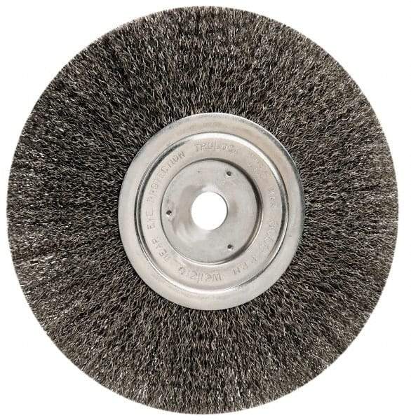 Weiler - 8" OD, 3/4" Arbor Hole, Crimped Steel Wheel Brush - 1/2" Face Width, 2-1/16" Trim Length, 0.014" Filament Diam, 6,000 RPM - Caliber Tooling