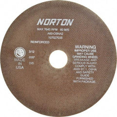 Norton - 8" 60 Grit Aluminum Oxide Cutoff Wheel - 0.035" Thick, 1-1/4" Arbor, 7,640 Max RPM, Use with Stationary Grinders - Caliber Tooling