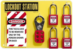 NMC - Equipped Acrylic Tag and Padlock / Hasp Station - 12 Inch Wide x 8 Inch High, Black on Yellow - Caliber Tooling