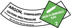 NMC - Hazardous Materials Label - Legend: Argon - Compressed - Caution! - High Pressure - Non Flammable - Gas 2, English, Green, Black & White, 5-1/4" Long x 2" High, Sign Muscle Finish - Caliber Tooling