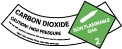 NMC - Hazardous Materials Label - Legend: Carbon Dioxide - Caution! - High Pressure - Non Flammable - Gas 2, English, Green, Black & White, 5-1/4" Long x 2" High, Sign Muscle Finish - Caliber Tooling