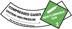 NMC - Hazardous Materials Label - Legend: Compressed Gases - Caution! - High Pressure - Non Flammable - Gas 2, English, Green, Black & White, 5-1/4" Long x 2" High, Sign Muscle Finish - Caliber Tooling