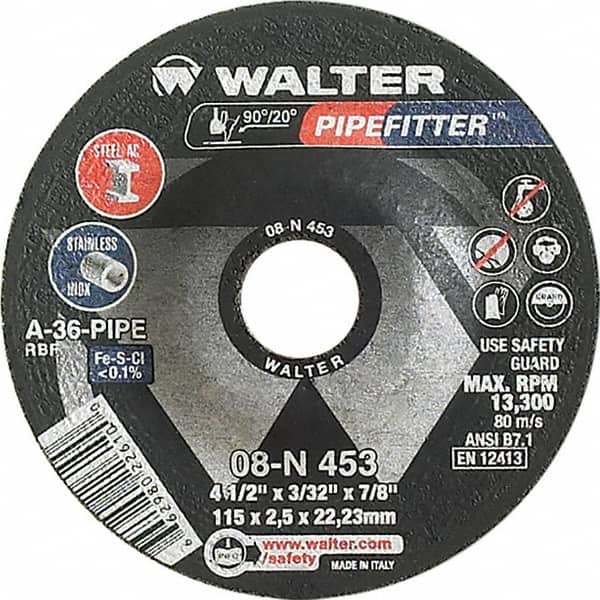 WALTER Surface Technologies - 36 Grit, 4-1/2" Wheel Diam, 3/32" Wheel Thickness, 7/8" Arbor Hole, Type 27 Depressed Center Wheel - Aluminum Oxide/Silicon Carbide Blend, Resinoid Bond, 13,300 Max RPM - Caliber Tooling