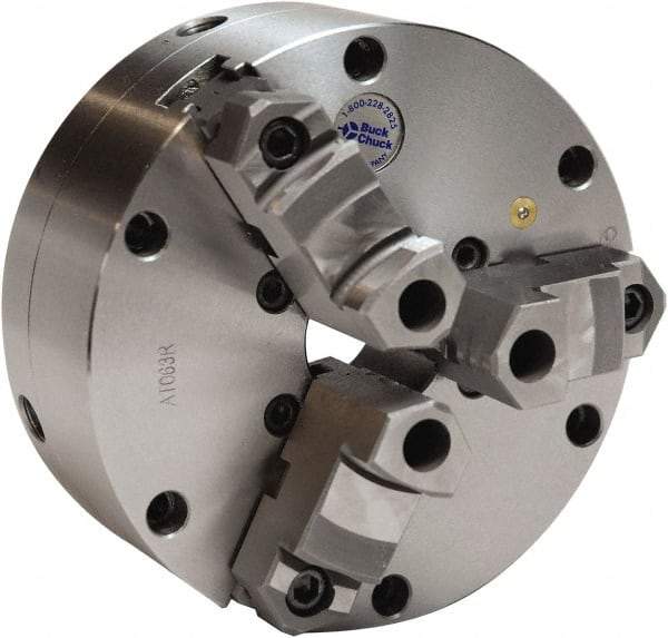 Buck Chuck Company - 3 Jaws, 10" Diam, Self Centering Manual Lathe Chuck - Plain Back Mount Spindle, Adjustable, Reversible, 2,000 Max RPM, 2-63/64" Through Hole Diam, Cast Iron - Caliber Tooling