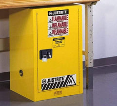 Justrite - 1 Door, 1 Shelf, Yellow Steel Space Saver Safety Cabinet for Flammable and Combustible Liquids - 35" High x 23-1/4" Wide x 18" Deep, Self Closing Door, 12 Gal Capacity - Caliber Tooling