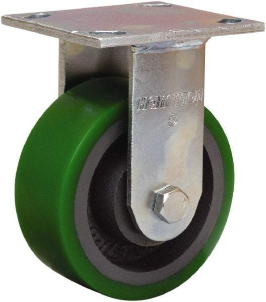 Hamilton - 5" Diam x 2" Wide x 7" OAH Top Plate Mount Rigid Caster - Polyurethane Mold onto Cast Iron Center, 1,050 Lb Capacity, Sealed Precision Ball Bearing, 4 x 4-1/2" Plate - Caliber Tooling