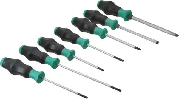 Wera - 7 Piece Phillips & Slotted Screwdriver Set - Blade Sizes: Width Metric 4, 4.5, 6.5 & 9, Bit Sizes: Philips #1 to #2, Metric Length mm: #1 x 80mm, #2 x 100mm, 4mm x 100mm, 4mm x 125mm, 4.5 x 100mm, 6.5mm x 125mm & 9mm x 150mm - Caliber Tooling