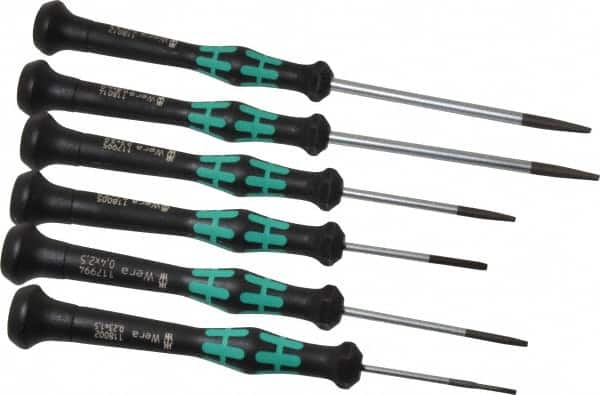 Wera - 6 Piece Slotted Screwdriver Set - Blade Sizes: Width Metric 1.5, 2, 2.5, 3, 3.5 & 4, Metric Length mm: 1.5mm x 40mm, 2mm x 40mm, 2.5mm x 50mm, 3mm x 50mm, 3.5mm x 80mm & 4mm x 80mm - Caliber Tooling