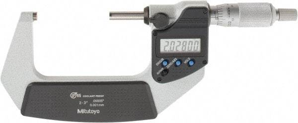 Mitutoyo - 2 to 3 Inch Range, 0.0001 Inch Resolution, Standard Throat, IP65 Electronic Outside Micrometer - 0.0001 Inch Accuracy, Ratchet Stop Thimble, Carbide Face, SR44 Battery, Includes Plastic Case - Caliber Tooling