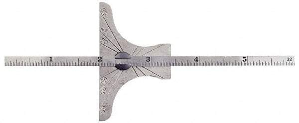 General - 0 to 6 Inch Rule Measurement Range, 30 to 60° Angle Measurement Range, Hardened Steel (Base); Stainless Steel (Rule) Depth and Angle Gage - 60° Angle Graduation, 2-1/2 Inch Long Base, 1/4 Inch Wide Rule, 1/64; 1/32 Inch Rule Graduation - Caliber Tooling