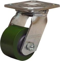 Hamilton - 3-1/4" Diam x 2" Wide x 5-1/4" OAH Top Plate Mount Swivel Caster - Polyurethane Mold onto Cast Iron Center, 575 Lb Capacity, Straight Roller Bearing, 4 x 4-1/2" Plate - Caliber Tooling