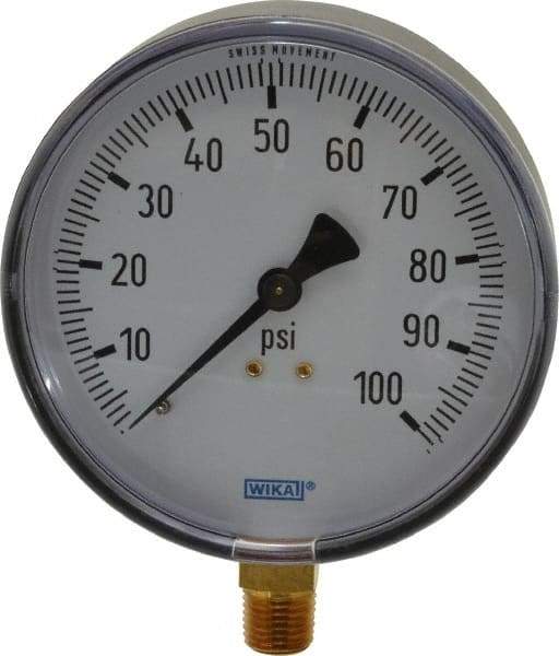 Wika - 4" Dial, 1/4 Thread, 0-100 Scale Range, Pressure Gauge - Lower Connection Mount, Accurate to 3-2-3% of Scale - Caliber Tooling