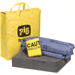 Spill Kits; Kit Type: Universal; Container Type: Bag; Absorption Capacity: 9.0 gal; Color: Hi-Vis Yellow; Portable: Yes; Includes: 4 - Ext. Dia. 3 in x 48 in L Pig Blue Absorbent Sock 28 - 15 in W x 20 in L Pig Absorbent Mat Pad 5 - 18 in W x 30 in H Poly