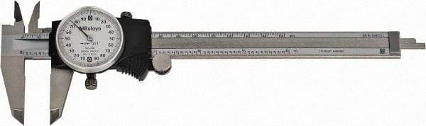 Mitutoyo - 0mm to 6" Range, 0.001" Graduation, 0.2" per Revolution, Dial Caliper - White Face, 1-9/16" Jaw Length, Accurate to 0.0010" - Caliber Tooling