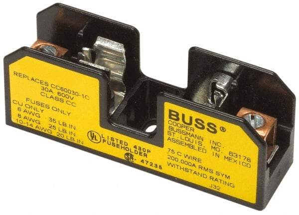 Cooper Bussmann - 2 Pole, 10 to 14 AWG, 480 VAC/VDC, 30 Amp, DIN Rail Mount Fuse Block - 3 Inch Long x 1.63 Inch Wide x 1.22 Inch High Block - Caliber Tooling