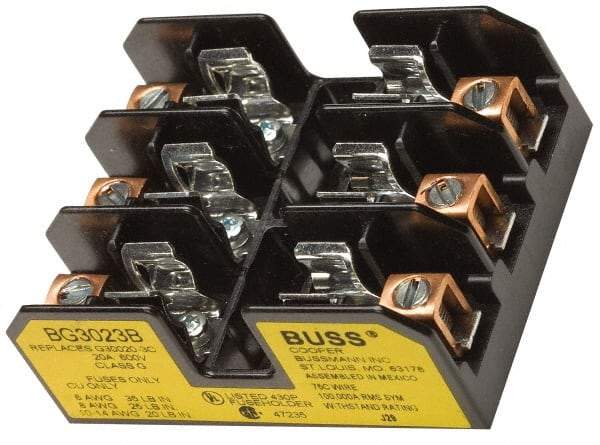 Cooper Bussmann - 3 Pole, 14 to 6 AWG, 480 VAC/VDC, 30 Amp, DIN Rail Mount Fuse Block - 3 Inch Long x 2.38 Inch Wide x 1.22 Inch High Block - Caliber Tooling