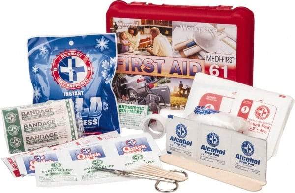 Medique - 61 Piece, Multipurpose/Auto/Travel First Aid Kit - 8" Wide x 2-1/2" Deep x 6" High, Plastic Case - Caliber Tooling