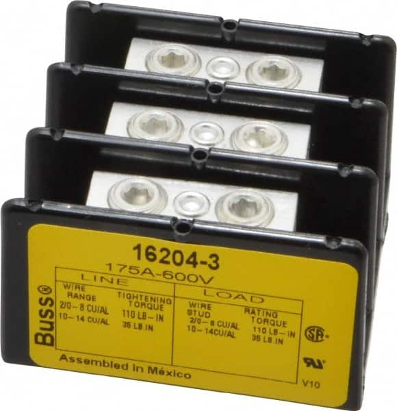 Cooper Bussmann - 3 Poles, 175 Amp, 2/0-8 AWG (Cu/Al) Primary, 2/0-8 AWG (Cu/Al) Secondary, Thermoplastic Power Distribution Block - 600 VAC/VDC, 1 Primary Connection, 5.2 Inch Long x 3.32 Inch Deep x 4 Inch High - Caliber Tooling