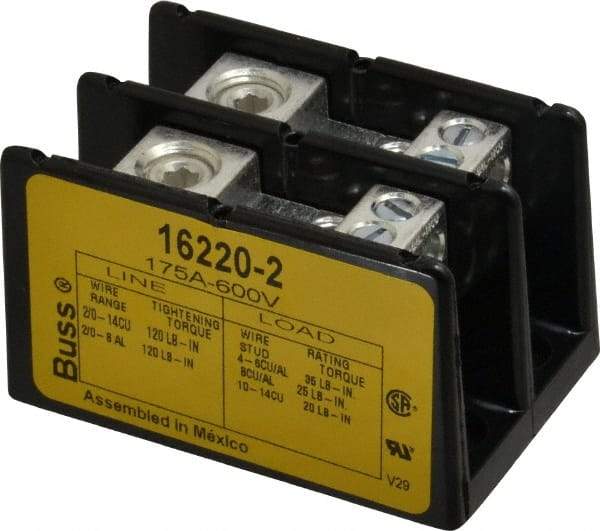 Cooper Bussmann - 2 Poles, 175 Amp, 8-2/0 AWG (Al), 14-2/0 AWG (Cu) Primary, 4-14 AWG (Cu), 4-8 AWG (Al) Secondary, Thermoplastic Power Distribution Block - 600 VAC/VDC, 1 Primary Connection, 3.58 Inch Long x 3.32 Inch Deep x 4 Inch High - Caliber Tooling