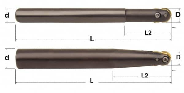 Minicut International - 3/4" Cut Diam, 0.512" Max Depth of Cut, 3/4" Shank Diam, 6" OAL, Indexable Ball Nose End Mill - 2-3/8" Head Length, Straight Shank, BNMI Toolholder, BNSI 0750 Insert - Caliber Tooling