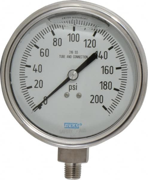 Wika - 4" Dial, 1/4 Thread, 0-200 Scale Range, Pressure Gauge - Lower Connection Mount, Accurate to 1% of Scale - Caliber Tooling