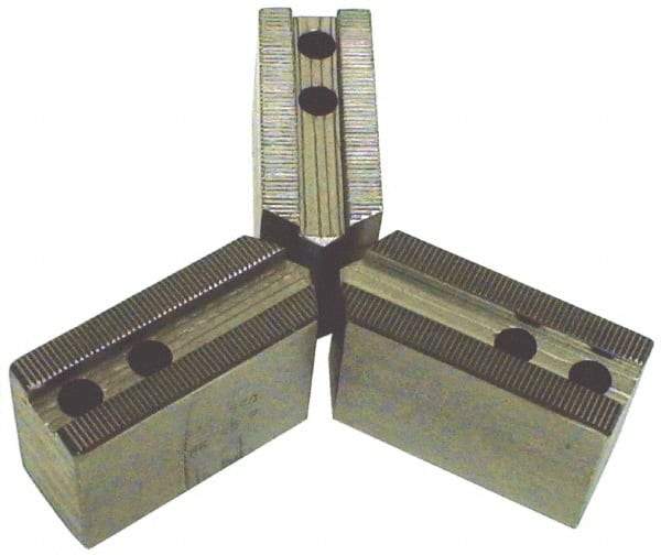 H & R Manufacturing - 1.5mm x 60° Serrated Attachment, Square Soft Lathe Chuck Jaw - 3 Jaws, Steel, 1.181" Btw Mount Hole Ctrs, 4" Long x 1-3/4" Wide x 3-1/2" High, 0.63" Groove, 12mm Fastener - Caliber Tooling