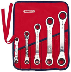 Proto - 5 Piece, 1/4 x 5/16 to 3/4 x 7/8", 6 & 12 Point, Ratcheting Box Wrench Set - Inch System of Measurement, Full Polish Finish, Comes in Nylon Roll - Caliber Tooling