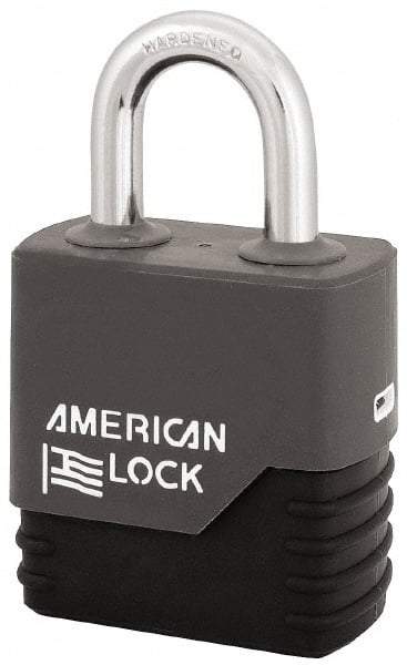 American Lock - 1-1/8" Shackle Clearance, Keyed Different Padlock with Weather Cover - 5/16" Shackle Diam, Steel - Caliber Tooling