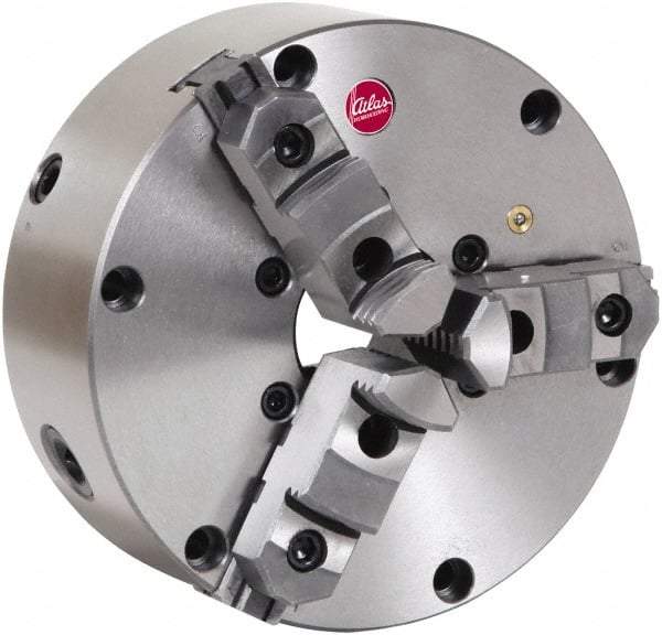 Atlas Workholding - 3 Jaws, 6" Diam, Self Centering Manual Lathe Chuck - Plain Back Mount Spindle, Adjustable, Reversible, 3,000 Max RPM, 1.54" Through Hole Diam, Cast Iron - Caliber Tooling