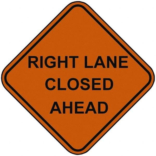 PRO-SAFE - "Right Lane Closed Ahead", 48" Wide x 48" High, Nylon Construction Roadway Signs - Orange, Square, Sign Stand Mount - Caliber Tooling