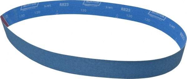 Norton - 2" Wide x 48" OAL, 120 Grit, Zirconia Alumina Abrasive Belt - Zirconia Alumina, Fine, Coated, X Weighted Cloth Backing, Series R823 - Caliber Tooling