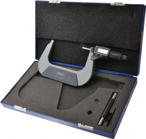 Fowler - 4 to 5 Inch Range, 0.0001 Inch Resolution, Standard Throat, IP54 Electronic Outside Micrometer - 0.0002 Inch Accuracy, Friction Thimble, 357 Battery, Data Output, Includes Case and Wrench - Caliber Tooling