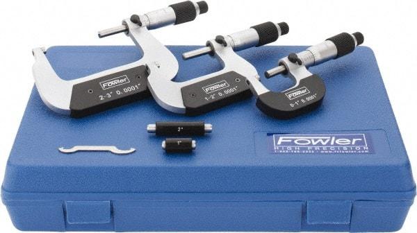 Fowler - 0 to 3" Range, 3 Piece Mechanical Outside Micrometer Set - 0.0001" Graduation, 0.0001 (0 to 2)" Accuracy, Ratchet-Friction Thimble, Carbide Tipped Face - Caliber Tooling