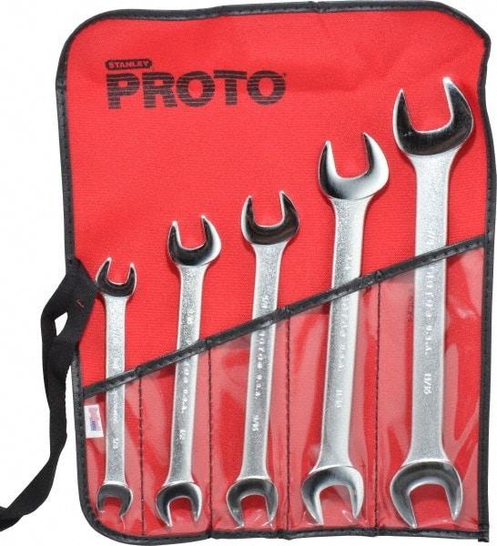 Proto - 5 Piece, 3/8" x 7/16" to 13/16" x 7/8", Open End Wrench Set - Inch Measurement Standard, Satin Finish, Comes in Nylon Roll - Caliber Tooling