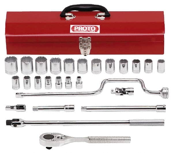 Proto - 26 Piece 1/2" Drive Socket Set - 12 Points, 3/8" to 1-1/4" Range, Inch Measurement Standard - Caliber Tooling