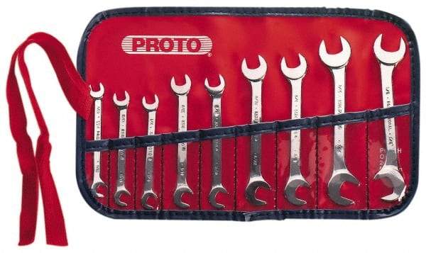 Proto - 9 Piece, 7/32" x 7/32" to 1/2" x 1/2", Open End Wrench Set - Inch Measurement Standard, Satin Finish, Comes in Nylon Roll - Caliber Tooling