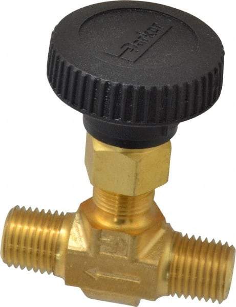 Parker - 3,000 Max psi, 1/4" Pipe, Brass, Inline Instrumentation Needle Valve - MNPT x MNPT End Connections - Caliber Tooling