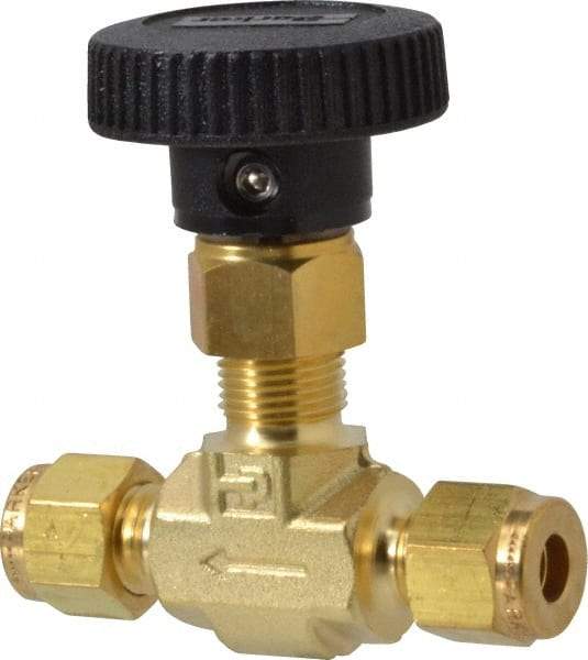 Parker - 3,000 Max psi, 1/4" Pipe, Brass, Inline Instrumentation Needle Valve - Compression x Compression CPI End Connections - Caliber Tooling